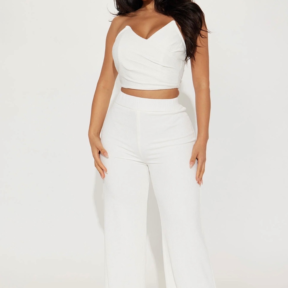 Two piece white ribbed pant set